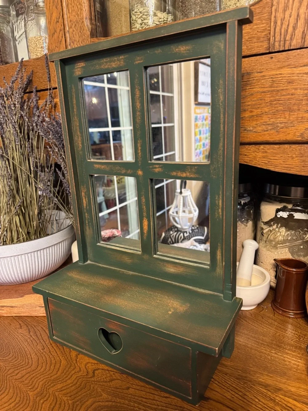 Country Heart Wall Hanging Rustic Green Mirror with Storage Drawer